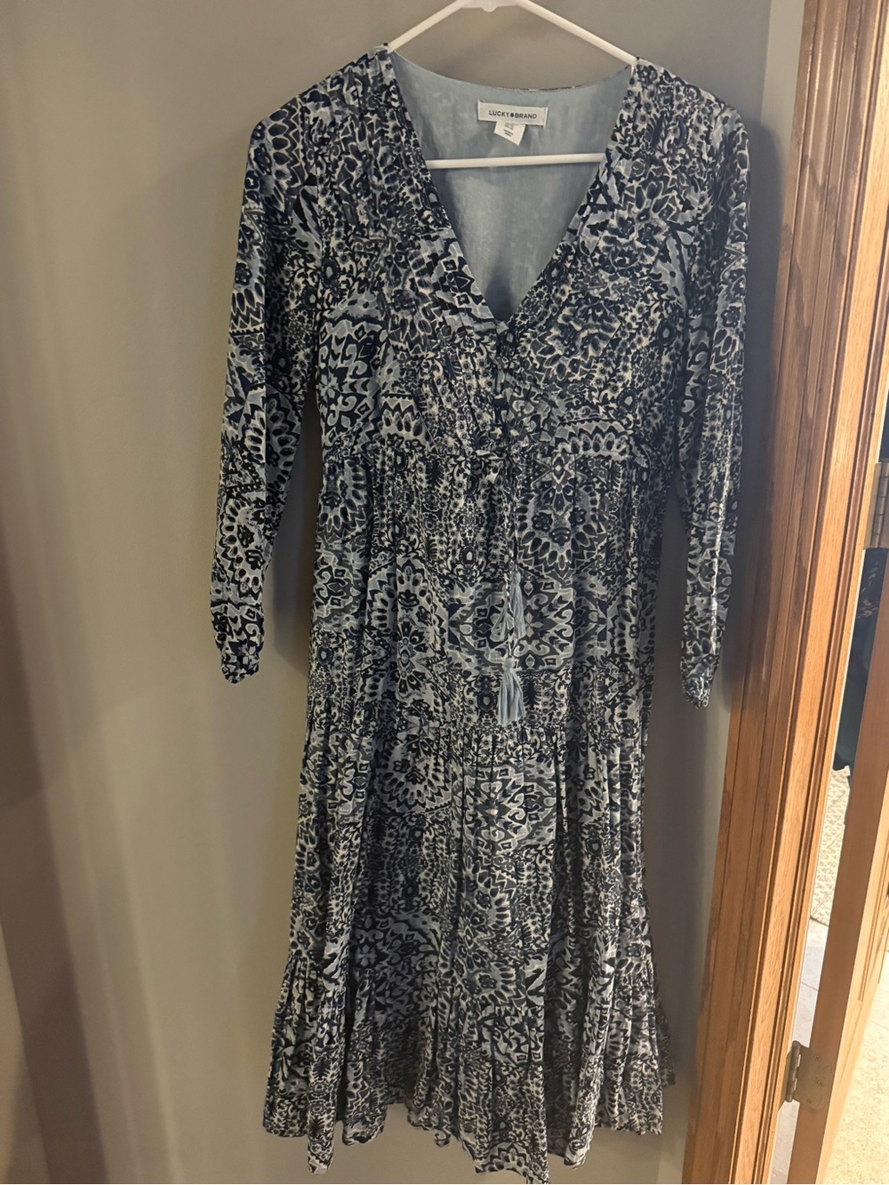 Lucky Brand Blue and White Printed Long Sleeve Tiered Midi Dress